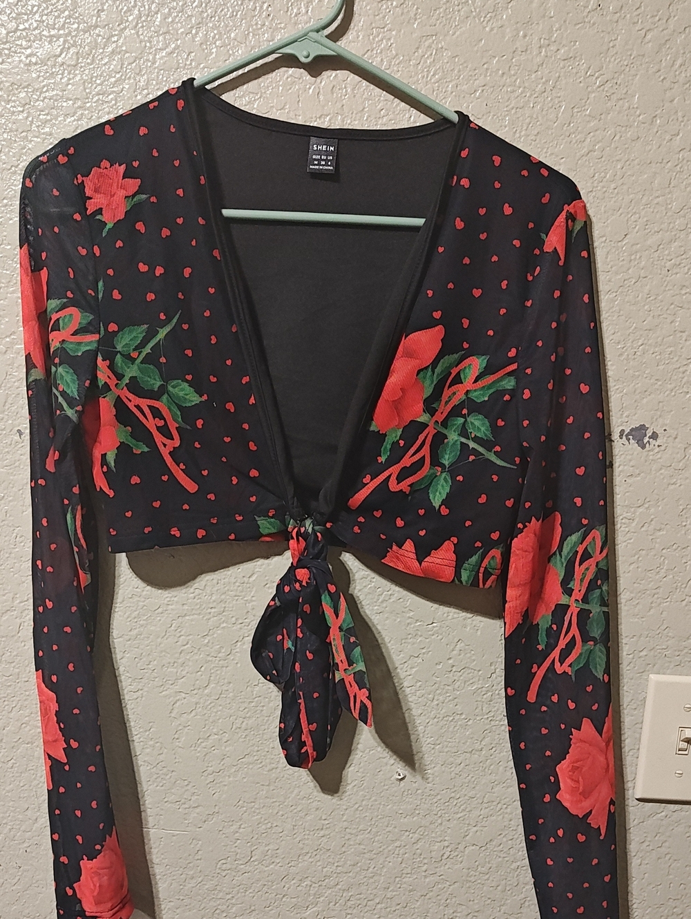 SHEIN Black Crop Top with Red Rose Print and Green Leaves